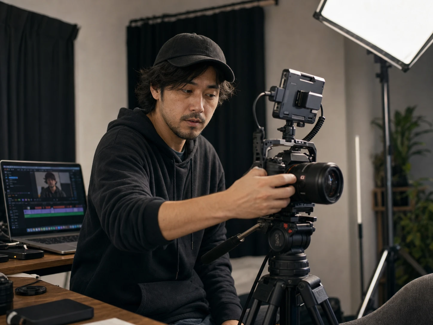 A course marketer adjusting a camera beside an editing timeline
